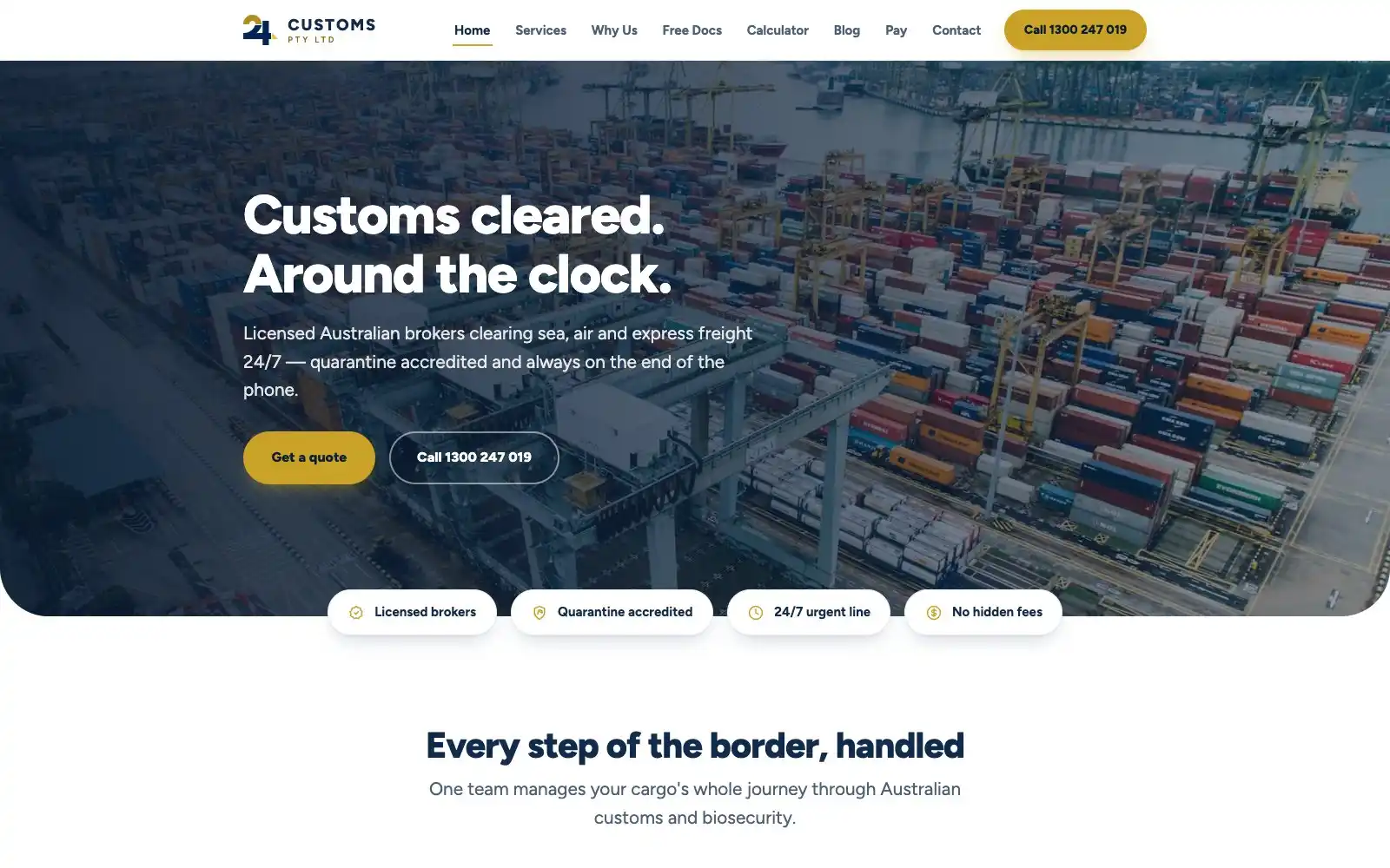 The 24 Customs homepage, a static site HAUL built for the Sydney customs brokerage