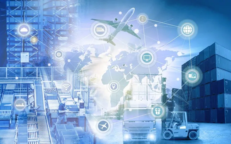 Illustration of logistics marketing analytics: a cargo plane, trucks and performance icons over a port