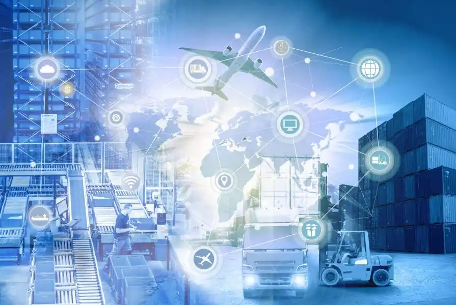 Illustration of logistics marketing analytics: a cargo plane, trucks and performance icons over a port