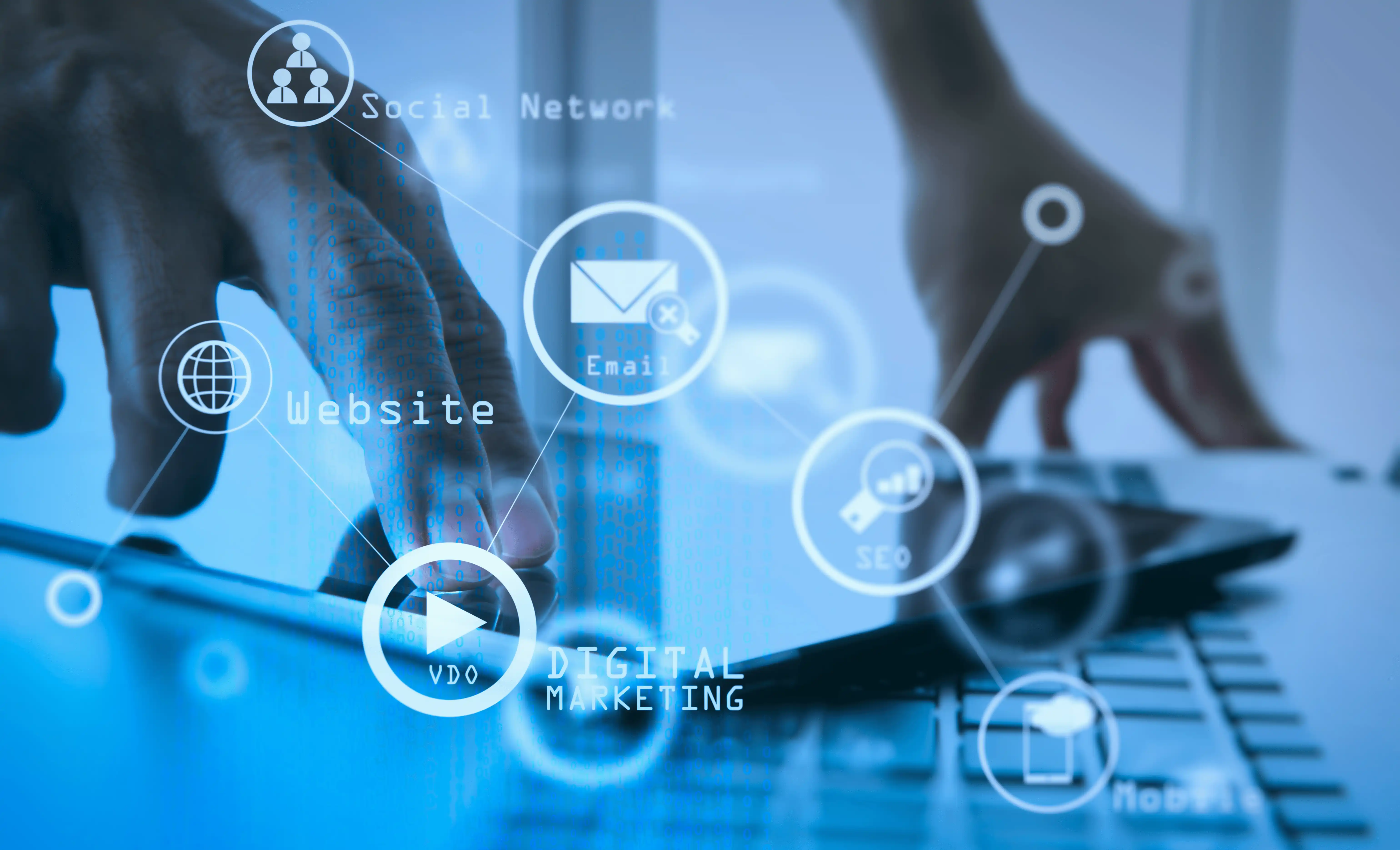 A hand touching a network of digital icons over a logistics scene