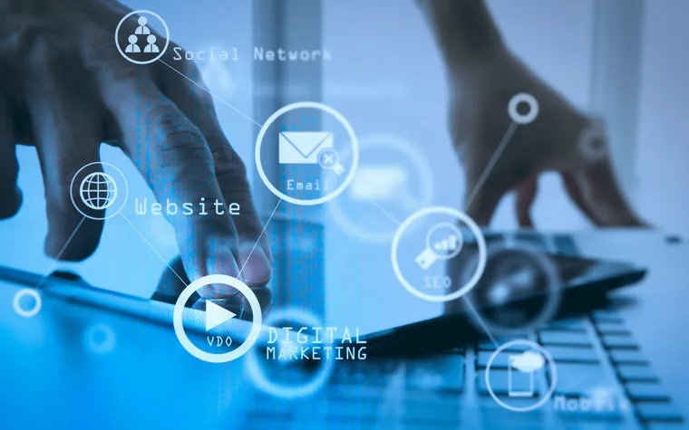 A hand touching a network of digital icons over a logistics scene