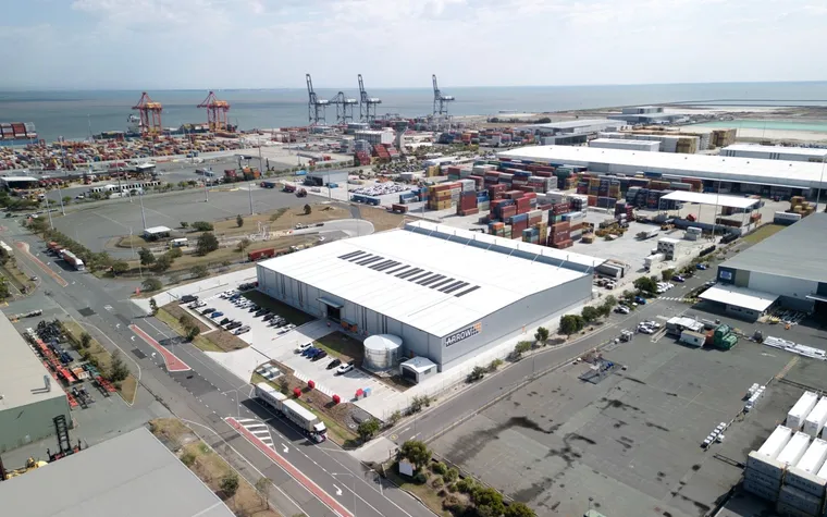 Aerial view of Arrow Transport's depot with containers stacked across the yard
