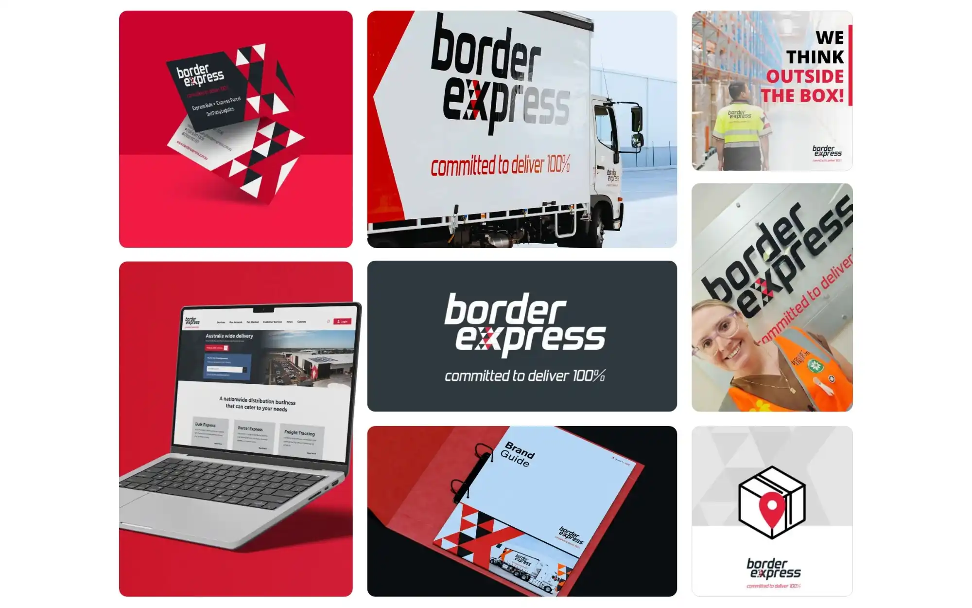 The Border Express brand system HAUL built, across business cards, truck livery, social posts, the website, signage and the brand guide